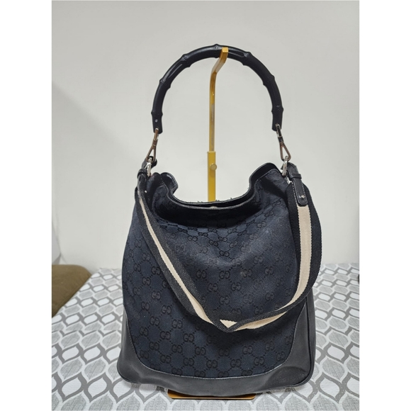 Gucci Handbags - Gucci Vintage GG Canvas Bamboo Satchel Bag Black